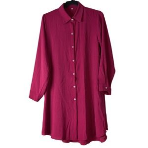 Women's Button Down Shirt Dress Magenta Large Tunic Coquette Work Minimalist
